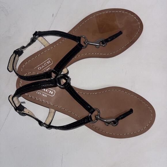 Coach Rue Black Patent Leather Flat Slingback Designer Thong Sandals 7.5 - Picture 2 of 14